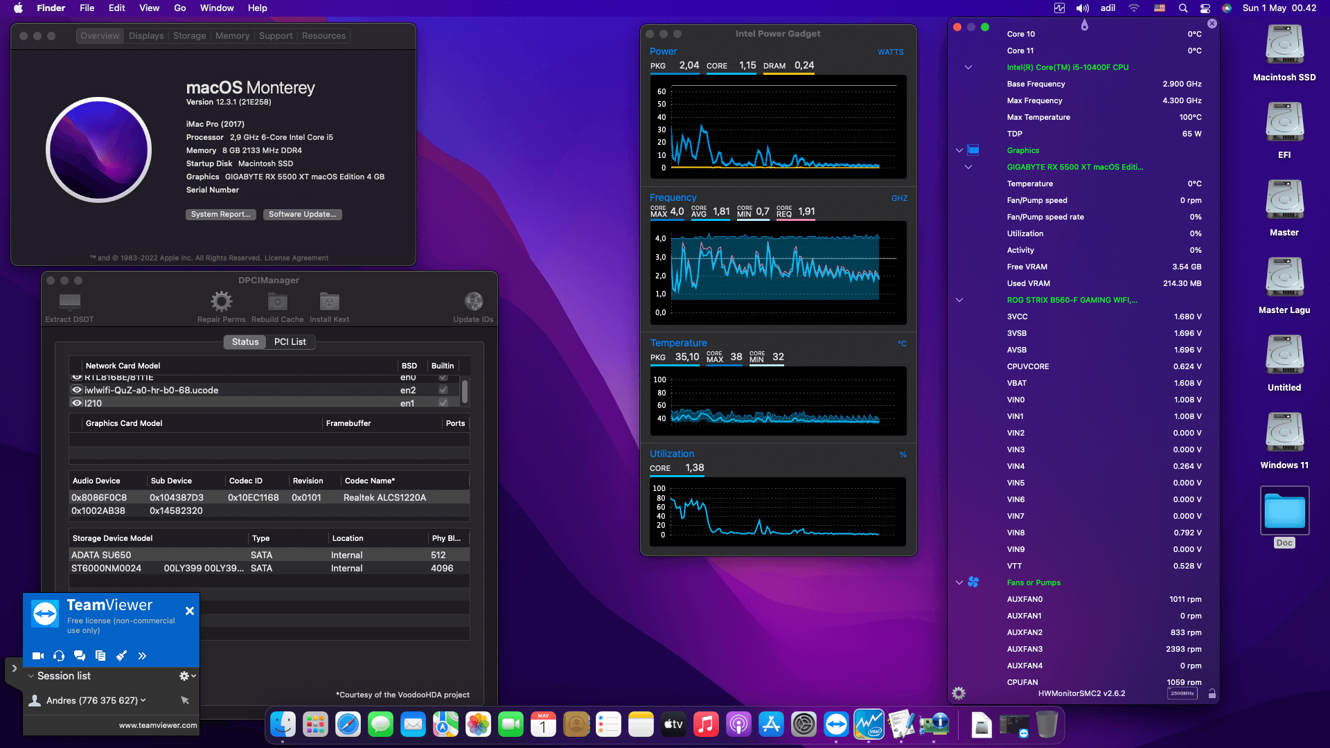 Success Hackintosh macOS Monterey 12.3.1 Build 21E258 in Asus ROG Strix B560-F Gaming Wifi + Intel Core i5 10400F + Gigabyte RX 5500 XT